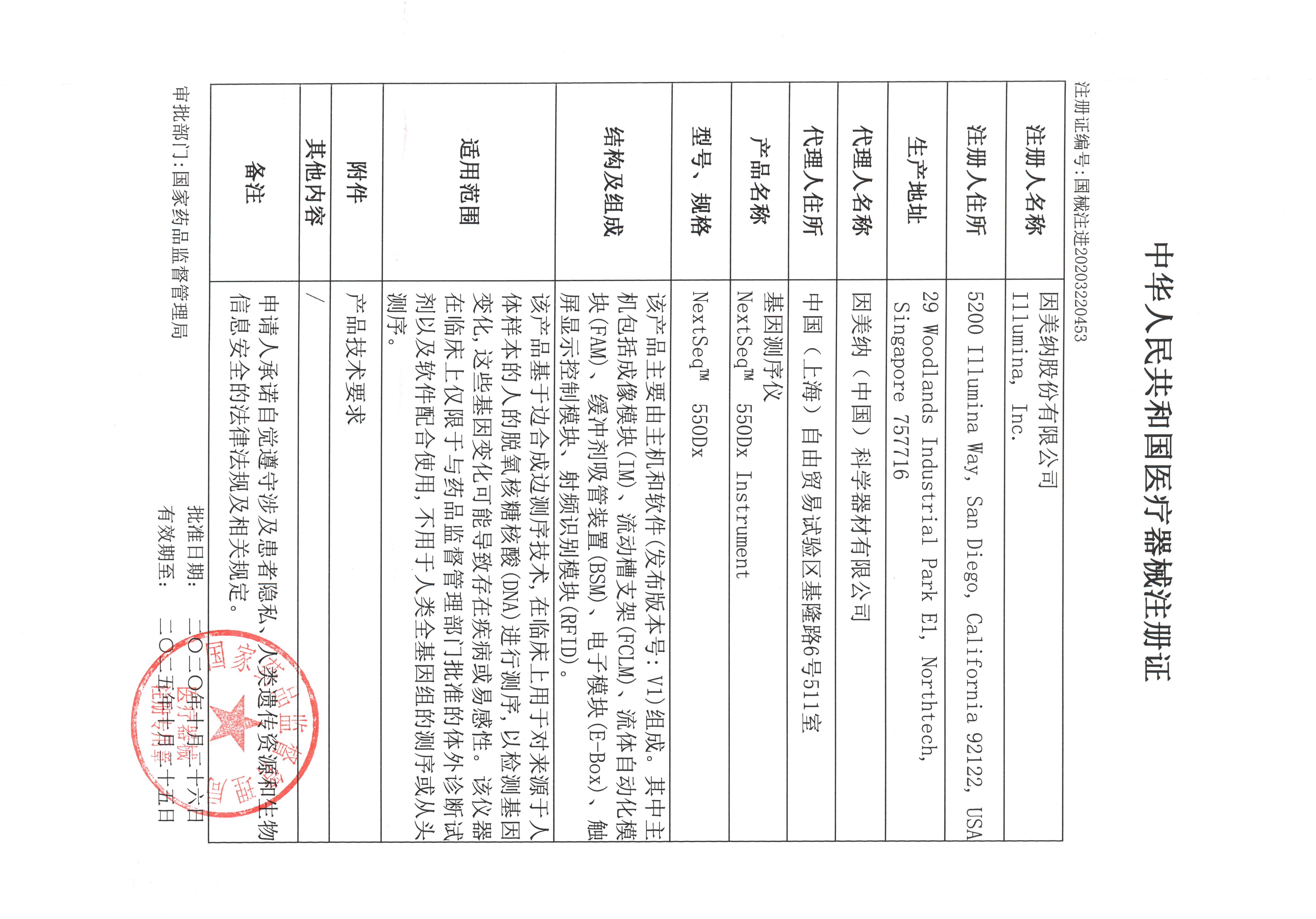 NextSeq 550Dx基因测序仪注册证
