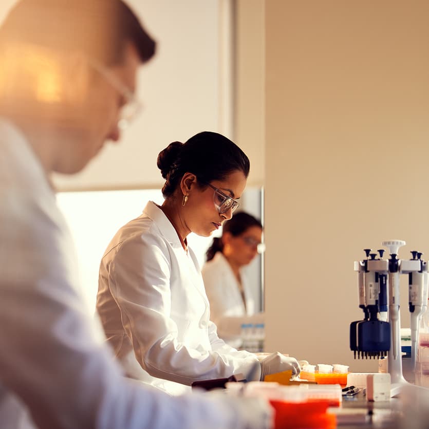 Three scientists, side view, interacting at lab bench in wet lab